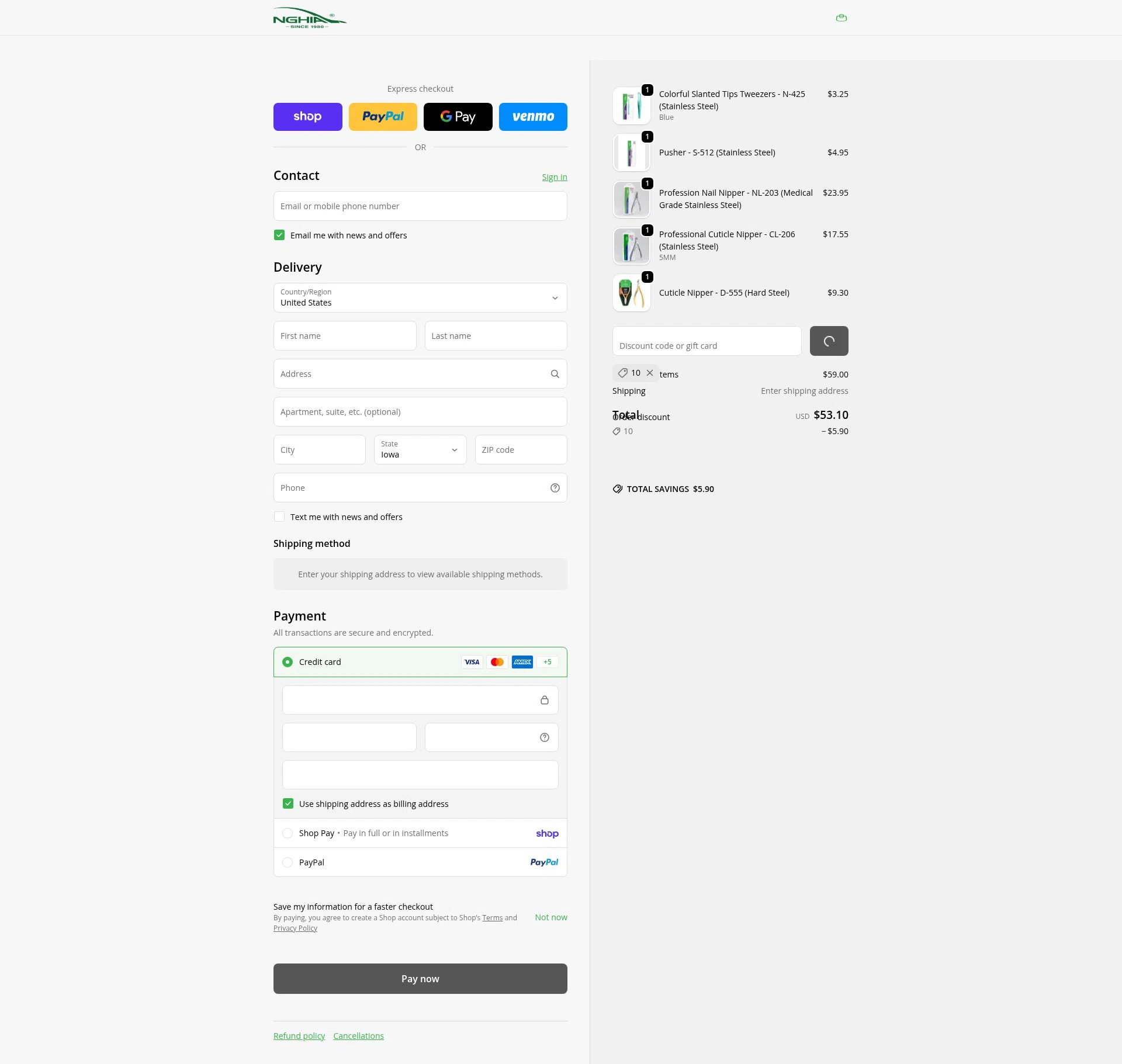 Nghia Nippers USA checkout page showing Nghia Nippers USA promo code box | Screenshot taken by SimplyCodes community member on Feb 19, 2026