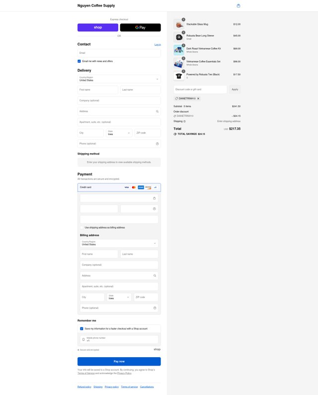 Nguyen Coffee Supply checkout page showing Nguyen Coffee Supply promo code box | Screenshot taken by SimplyCodes community member on Sep 1, 2025