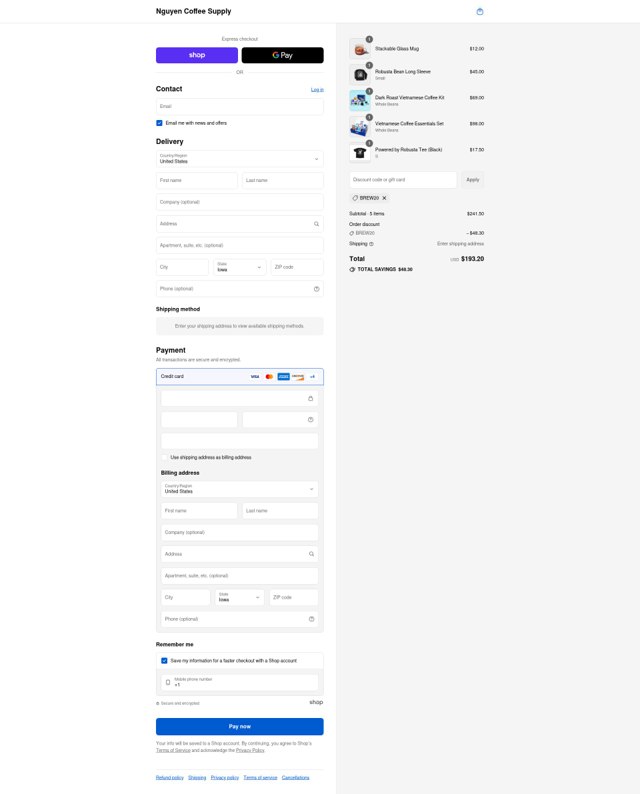 Nguyen Coffee Supply checkout page showing Nguyen Coffee Supply promo code box | Screenshot taken by SimplyCodes community member on Sep 1, 2025