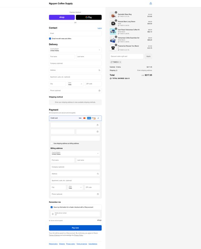Nguyen Coffee Supply checkout page showing Nguyen Coffee Supply promo code box | Screenshot taken by SimplyCodes community member on Sep 1, 2025