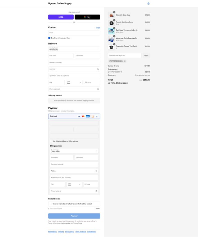 Nguyen Coffee Supply checkout page showing Nguyen Coffee Supply promo code box | Screenshot taken by SimplyCodes community member on Sep 1, 2025