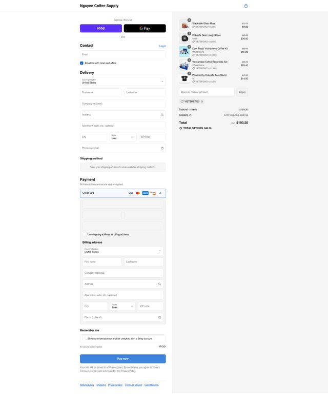 Nguyen Coffee Supply checkout page showing Nguyen Coffee Supply promo code box | Screenshot taken by SimplyCodes community member on Sep 1, 2025