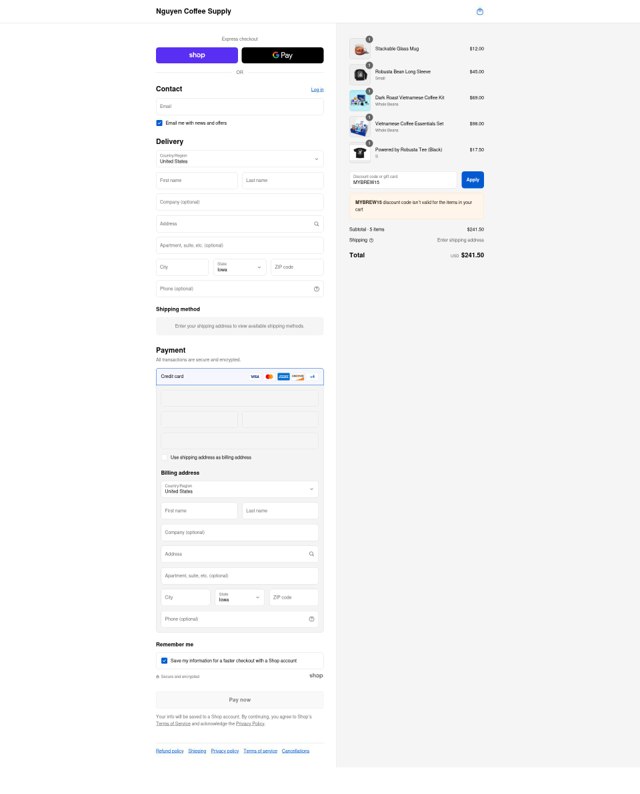 Nguyen Coffee Supply checkout page showing Nguyen Coffee Supply promo code box | Screenshot taken by SimplyCodes community member on Sep 1, 2025