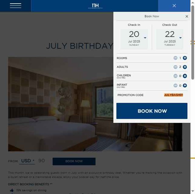 NH Hotels checkout page showing NH Hotels promo code box | Screenshot taken by SimplyCodes community member on Jul 20, 2025