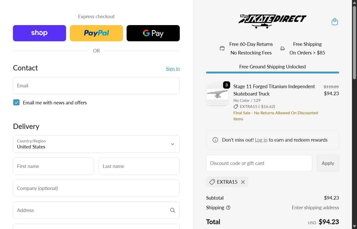 NHS Skate Direct checkout page showing NHS Skate Direct discount code box | Screenshot taken by SimplyCodes community member on Nov 4, 2025