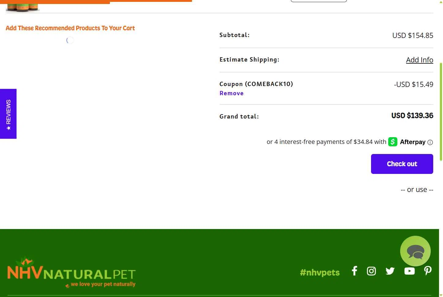 NHV Natural Pet Products checkout page showing NHV Natural Pet Products promo code box | Screenshot taken by SimplyCodes community member on Aug 25, 2025