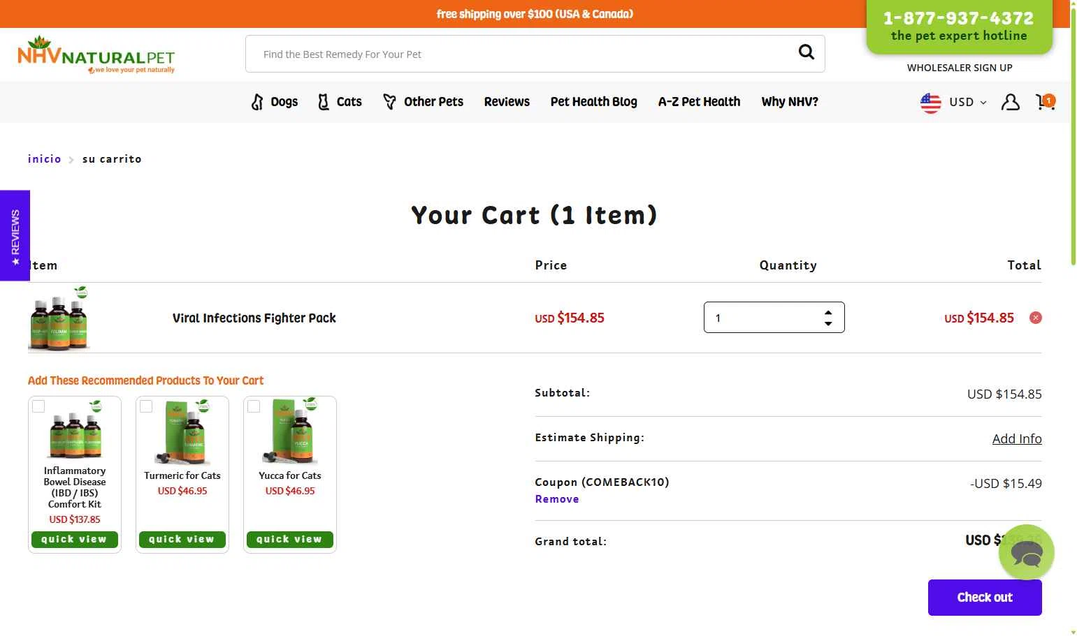 NHV Natural Pet Products checkout page showing NHV Natural Pet Products promo code box | Screenshot taken by SimplyCodes community member on Aug 29, 2025
