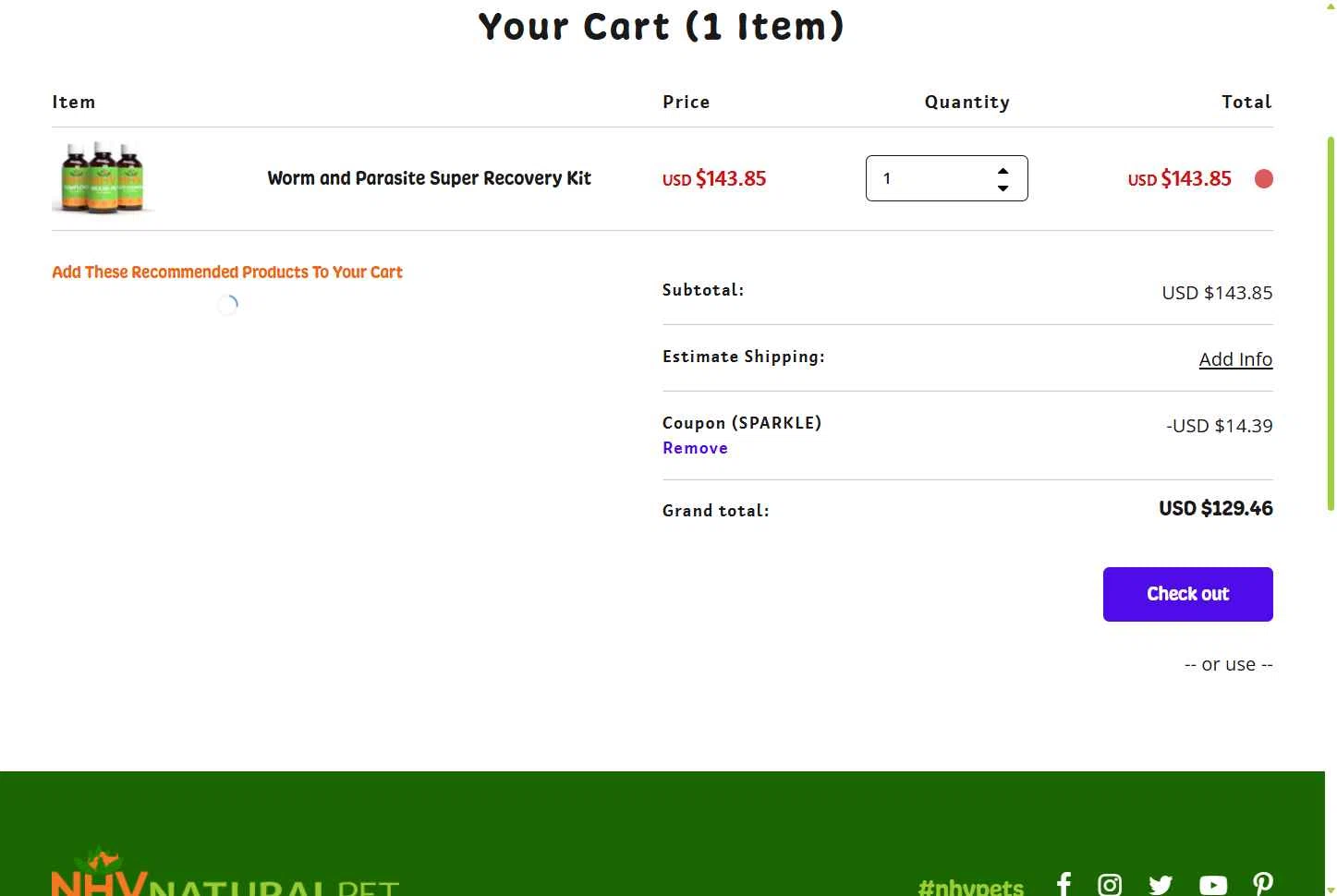 NHV Natural Pet Products checkout page showing NHV Natural Pet Products promo code box | Screenshot taken by SimplyCodes community member on Dec 25, 2025