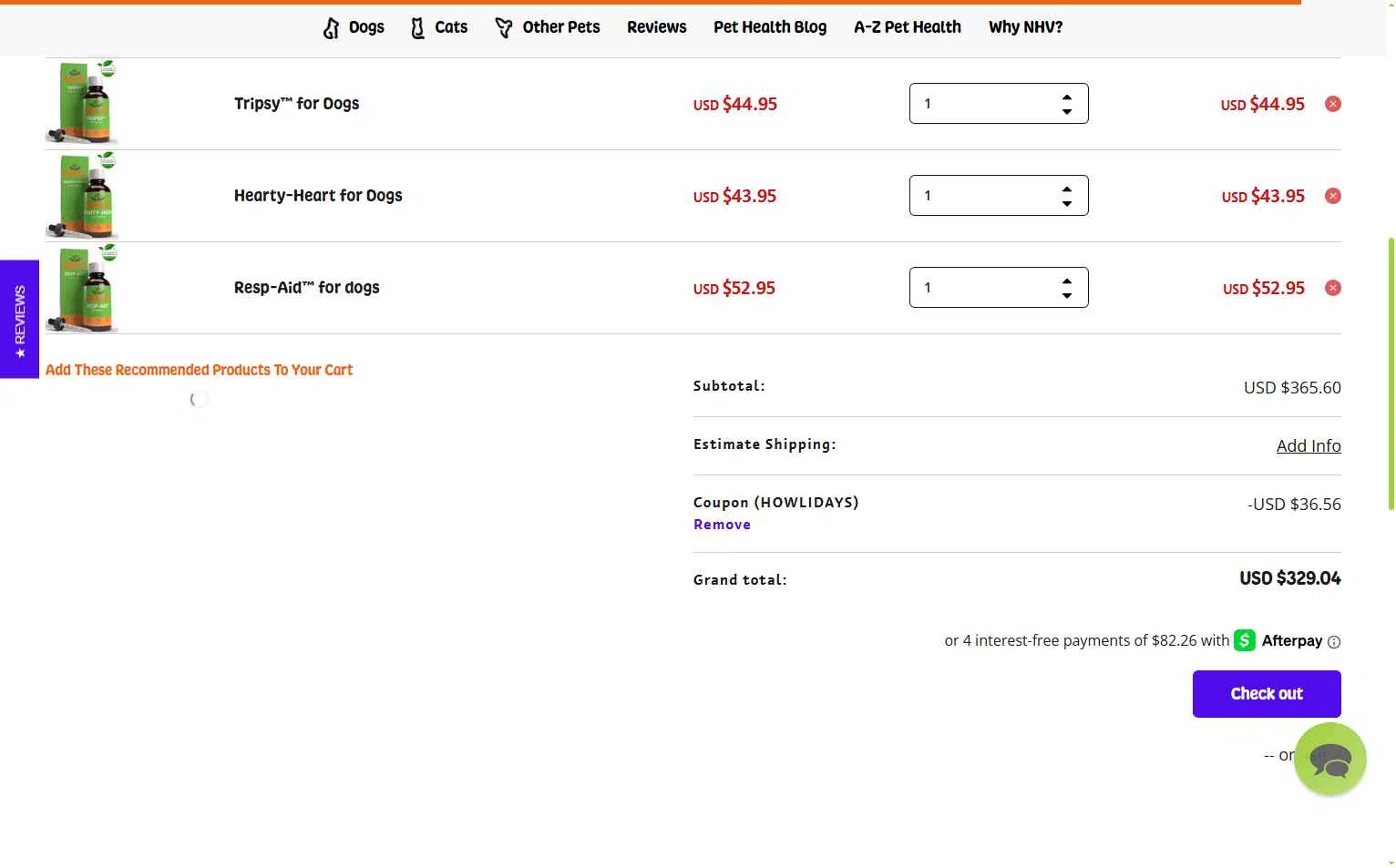 NHV Natural Pet Products checkout page showing NHV Natural Pet Products promo code box | Screenshot taken by SimplyCodes community member on Dec 26, 2025