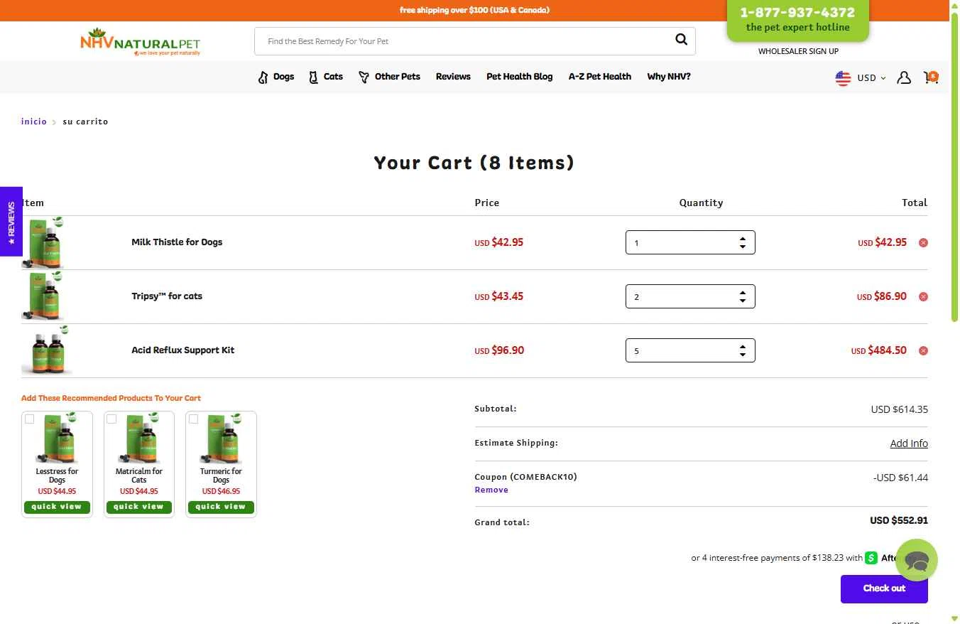 NHV Natural Pet Products checkout page showing NHV Natural Pet Products promo code box | Screenshot taken by SimplyCodes community member on Jun 16, 2025