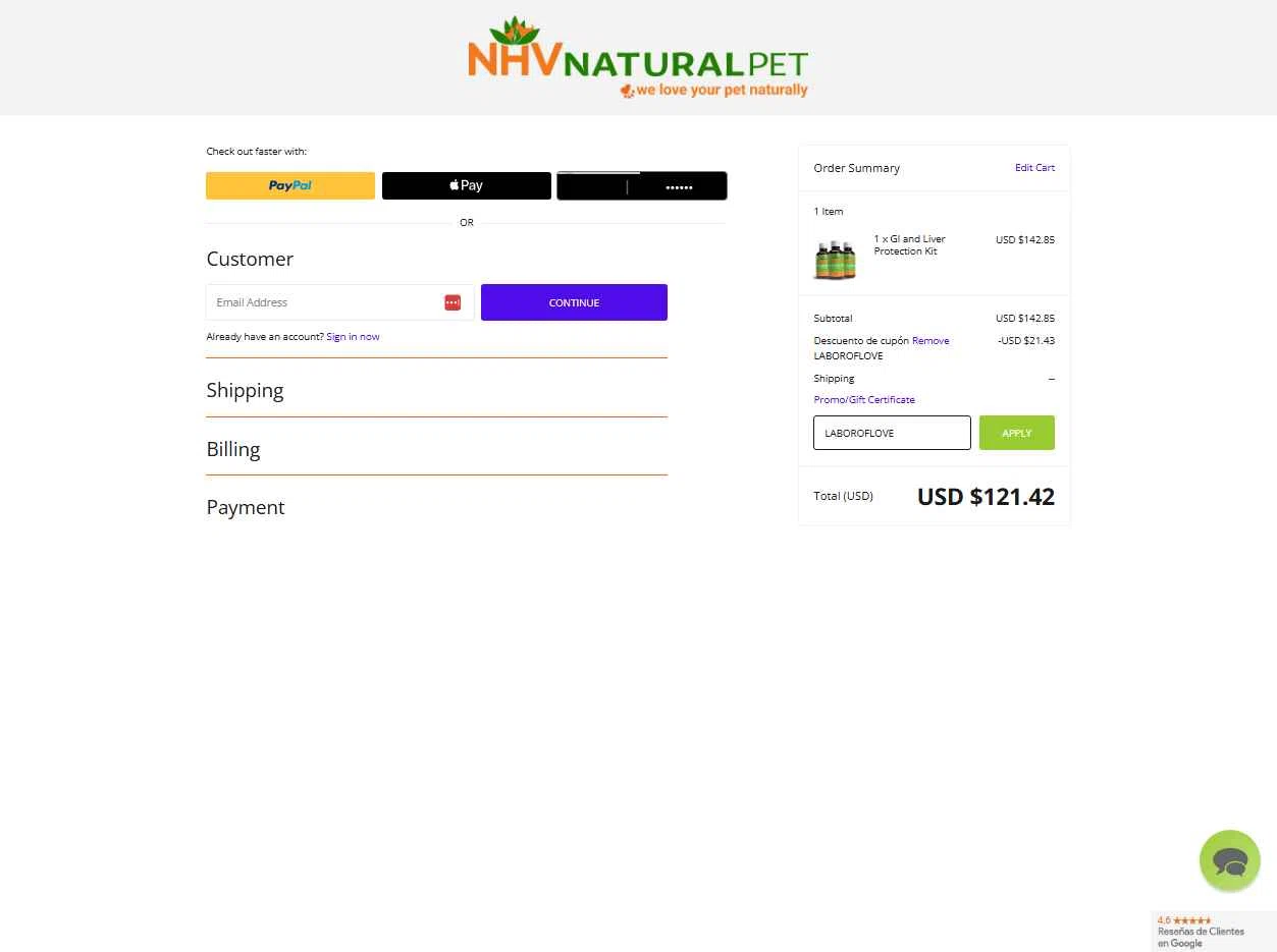 NHV Natural Pet Products checkout page showing NHV Natural Pet Products promo code box | Screenshot taken by SimplyCodes community member on Sep 1, 2025