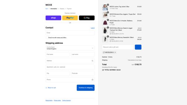 Nicce checkout page showing Nicce discount code box | Screenshot taken by SimplyCodes community member on Sep 3, 2025