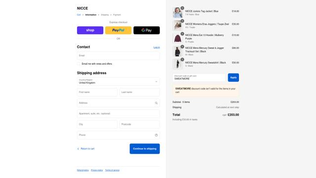 Nicce checkout page showing Nicce discount code box | Screenshot taken by SimplyCodes community member on Sep 7, 2025
