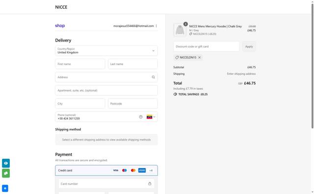 Nicce checkout page showing Nicce discount code box | Screenshot taken by SimplyCodes community member on Sep 3, 2025