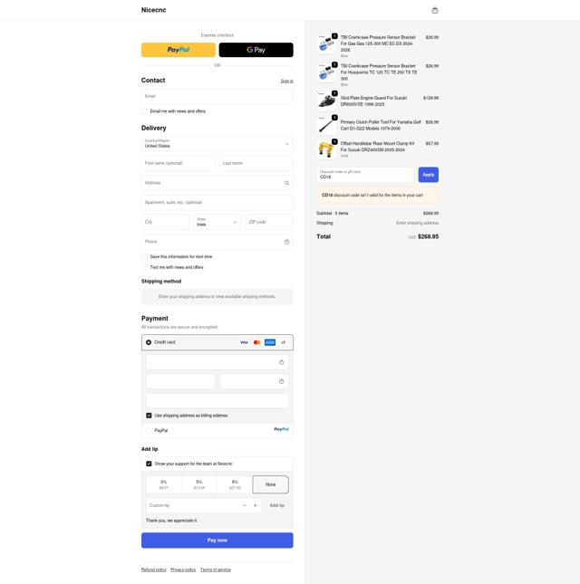 Nicecnc checkout page showing Nicecnc discount code box | Screenshot taken by SimplyCodes community member on Sep 20, 2025