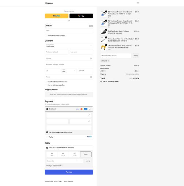 Nicecnc checkout page showing Nicecnc discount code box | Screenshot taken by SimplyCodes community member on Sep 20, 2025