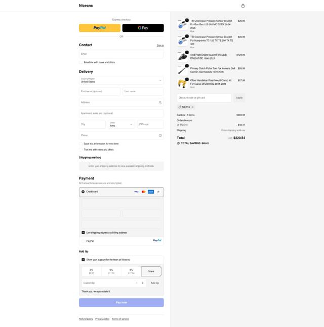 Nicecnc checkout page showing Nicecnc discount code box | Screenshot taken by SimplyCodes community member on Sep 20, 2025