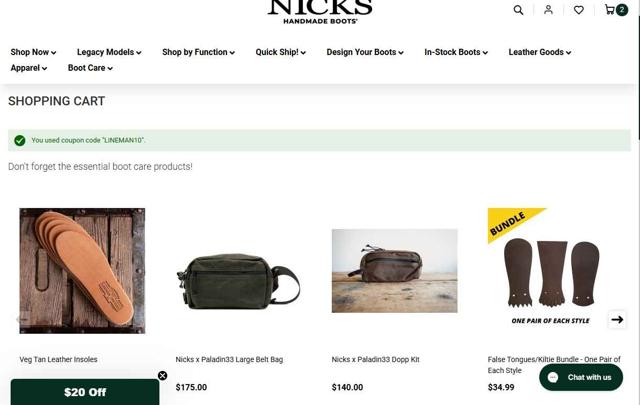 Nick's Handmade Boots checkout page showing Nick's Handmade Boots coupon code box | Screenshot taken by SimplyCodes community member on Jul 28, 2025