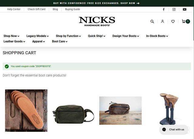 Nick's Handmade Boots checkout page showing Nick's Handmade Boots coupon code box | Screenshot taken by SimplyCodes community member on Jul 6, 2025