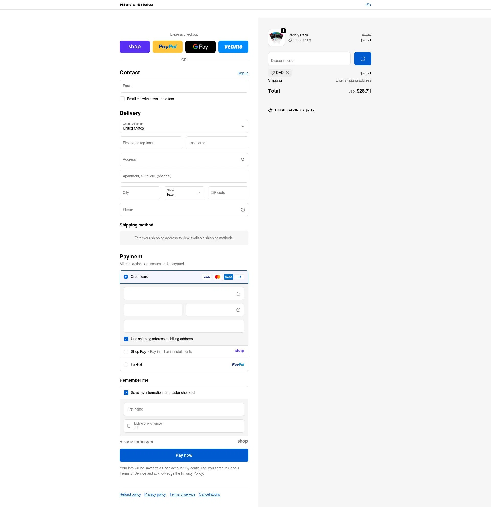 Nick's Sticks checkout page showing Nick's Sticks promo code box | Screenshot taken by SimplyCodes community member on Jan 9, 2026