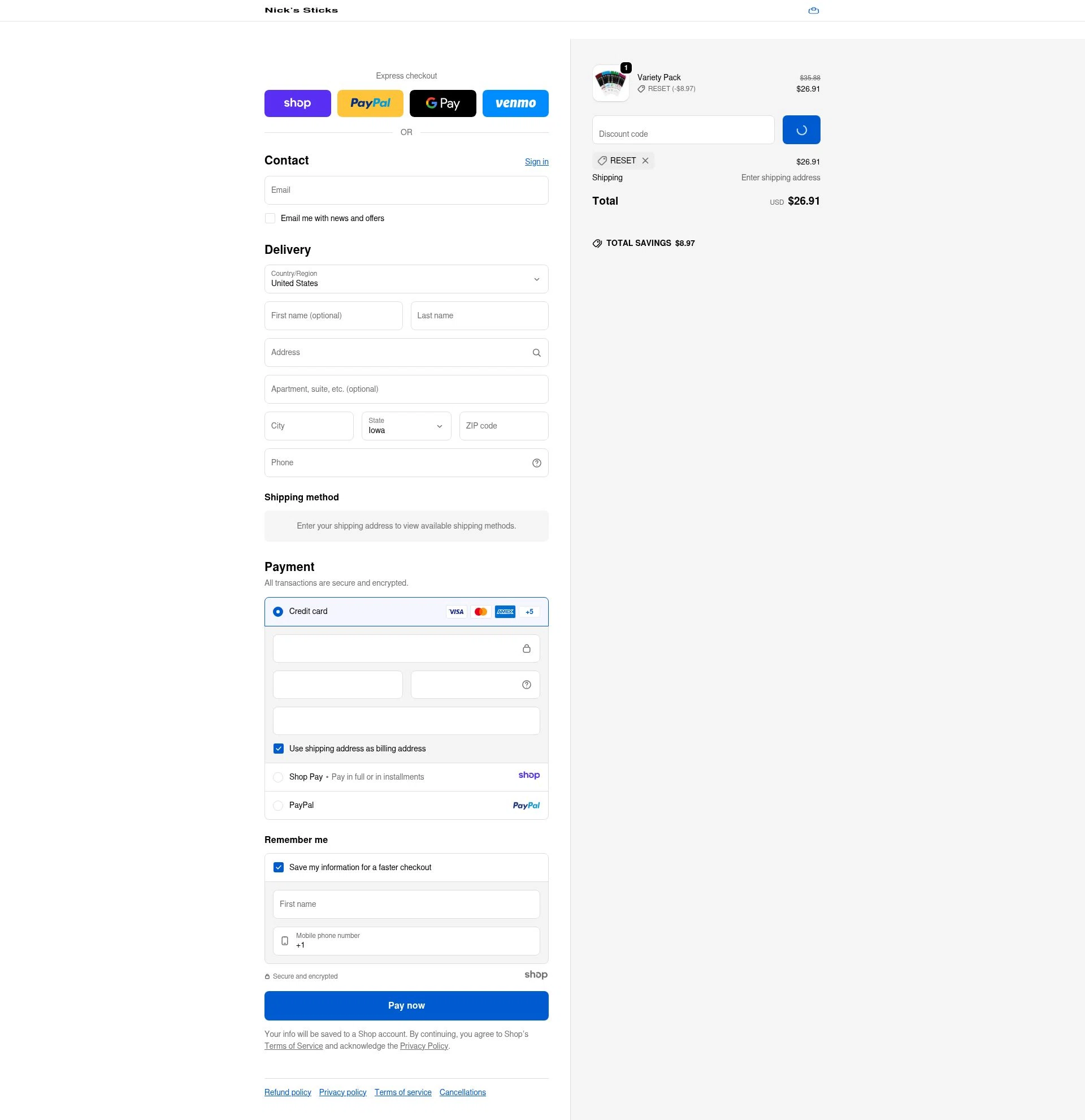 Nick's Sticks checkout page showing Nick's Sticks promo code box | Screenshot taken by SimplyCodes community member on Jan 9, 2026
