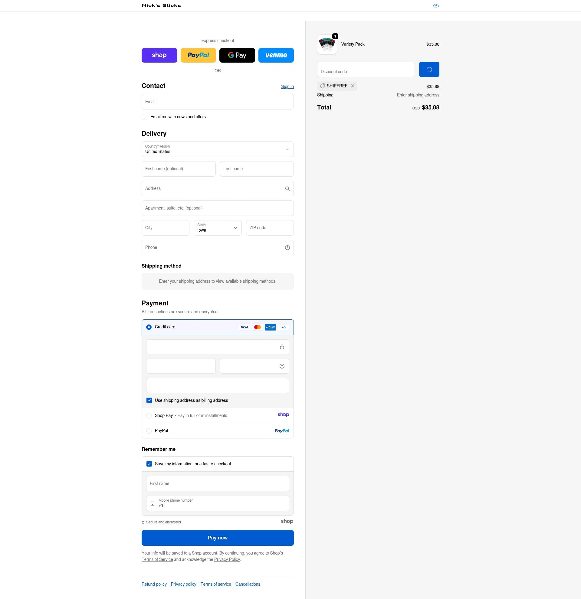 Nick's Sticks checkout page showing Nick's Sticks promo code box | Screenshot taken by SimplyCodes community member on Jan 9, 2026