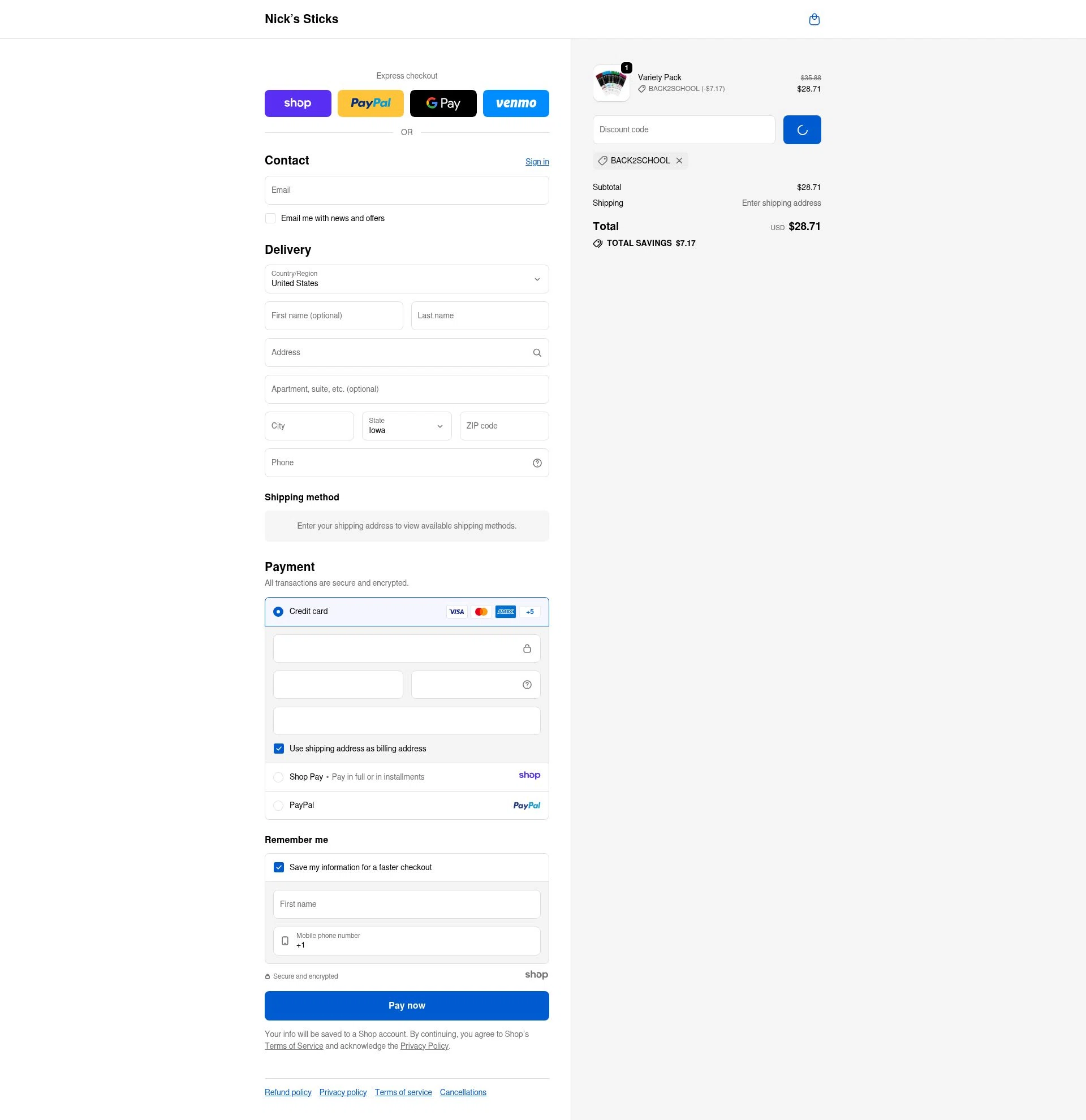 Nick's Sticks checkout page showing Nick's Sticks promo code box | Screenshot taken by SimplyCodes community member on Jan 9, 2026