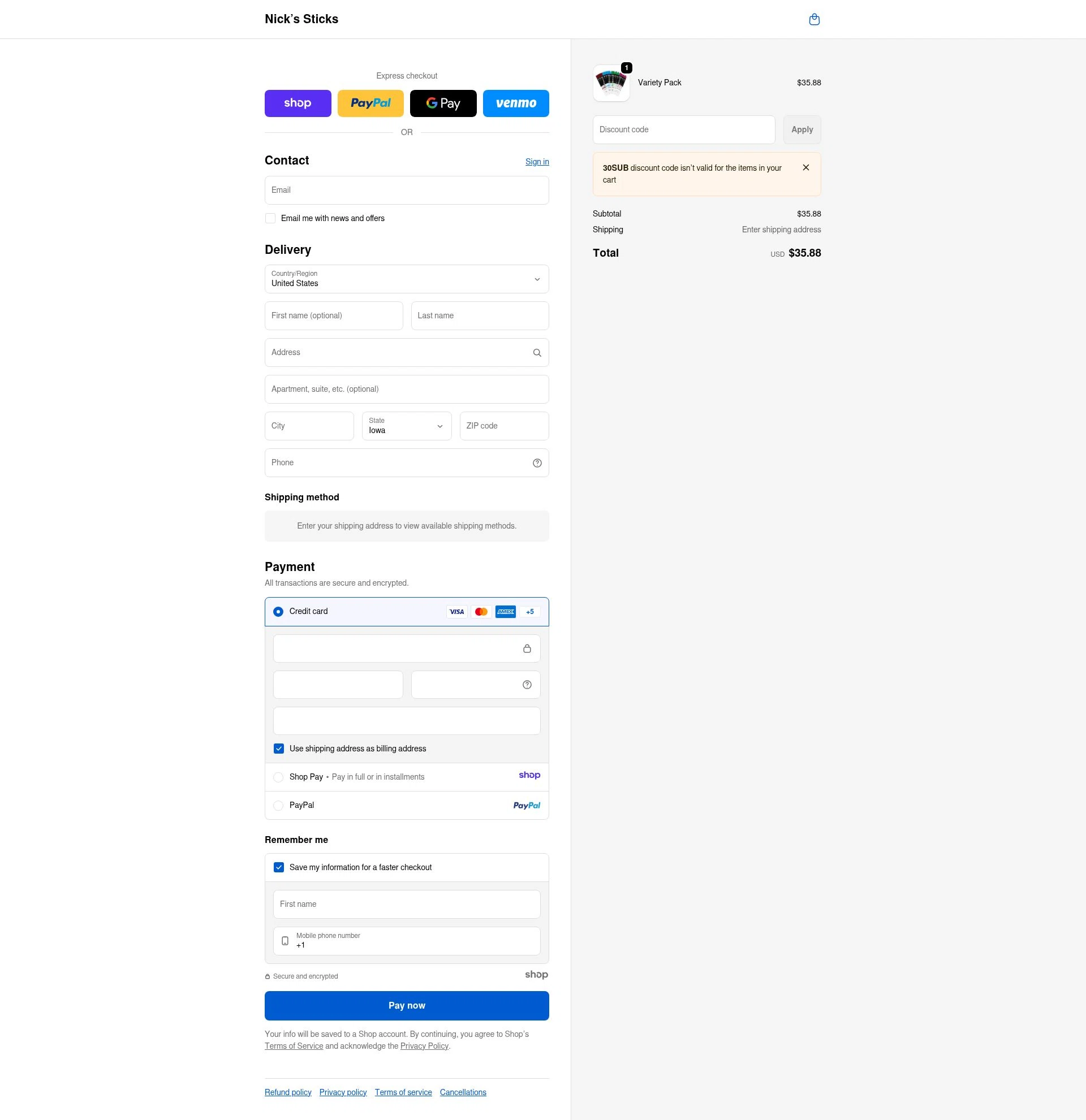 Nick's Sticks checkout page showing Nick's Sticks promo code box | Screenshot taken by SimplyCodes community member on Jan 9, 2026