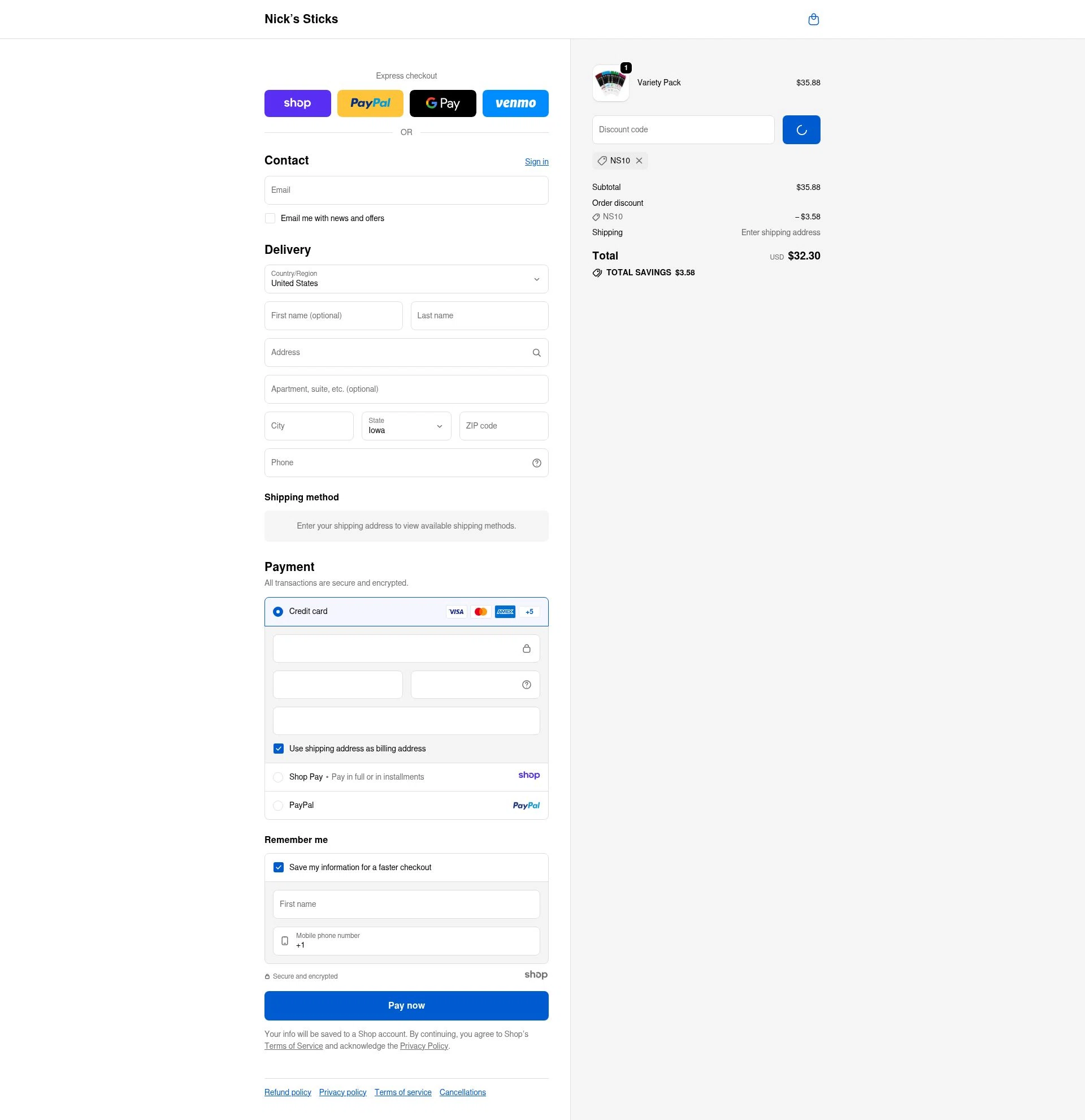 Nick's Sticks checkout page showing Nick's Sticks promo code box | Screenshot taken by SimplyCodes community member on Jan 9, 2026