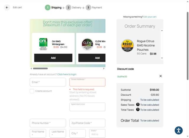 Nicokick checkout page showing Nicokick discount code box | Screenshot taken by SimplyCodes community member on Aug 15, 2025