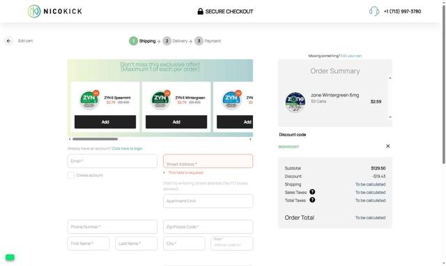 Nicokick checkout page showing Nicokick discount code box | Screenshot taken by SimplyCodes community member on Sep 13, 2025