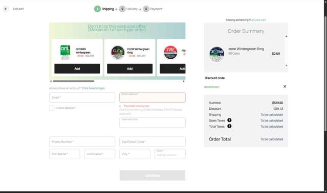 Nicokick checkout page showing Nicokick discount code box | Screenshot taken by SimplyCodes community member on Aug 15, 2025