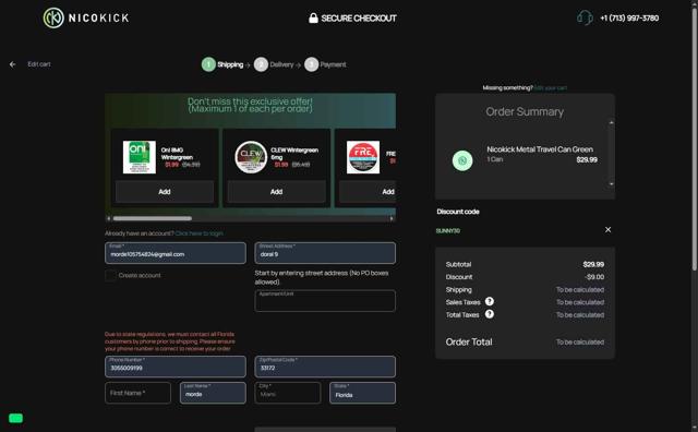 Nicokick checkout page showing Nicokick discount code box | Screenshot taken by SimplyCodes community member on Aug 6, 2025