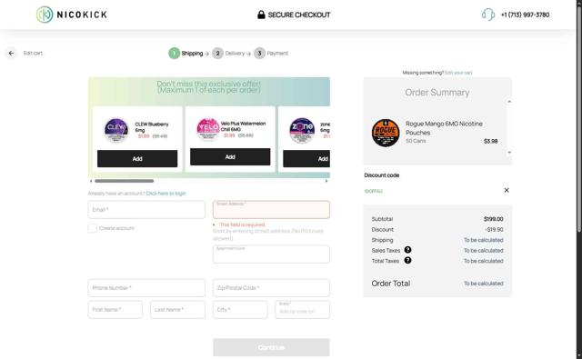 Nicokick checkout page showing Nicokick discount code box | Screenshot taken by SimplyCodes community member on Jul 25, 2025
