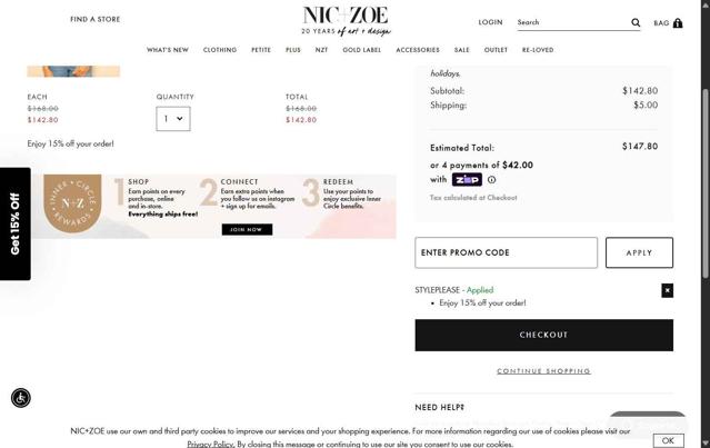 Nic+Zoe checkout page showing Nic+Zoe promo code box | Screenshot taken by SimplyCodes community member on Aug 13, 2025