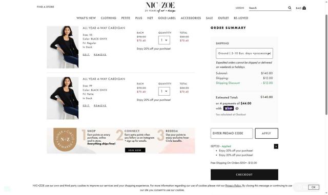 Nic+Zoe checkout page showing Nic+Zoe promo code box | Screenshot taken by SimplyCodes community member on Sep 5, 2025