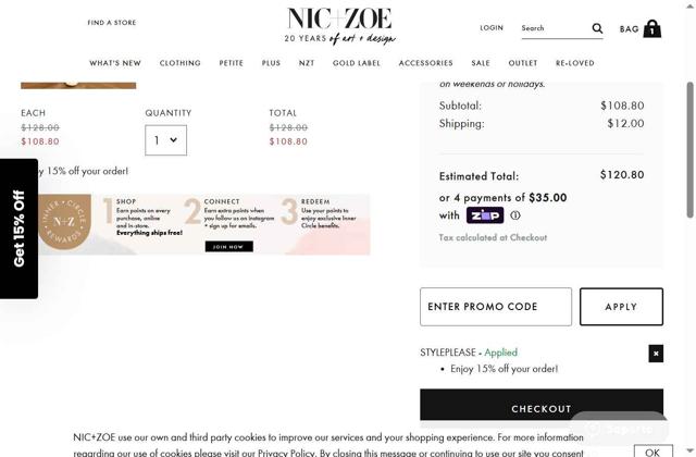 Nic+Zoe checkout page showing Nic+Zoe promo code box | Screenshot taken by SimplyCodes community member on Aug 26, 2025