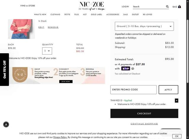 Nic+Zoe checkout page showing Nic+Zoe promo code box | Screenshot taken by SimplyCodes community member on Aug 26, 2025
