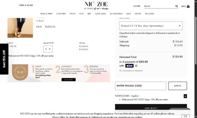 Nic+Zoe checkout page showing Nic+Zoe promo code box | Screenshot taken by SimplyCodes community member on Aug 26, 2025