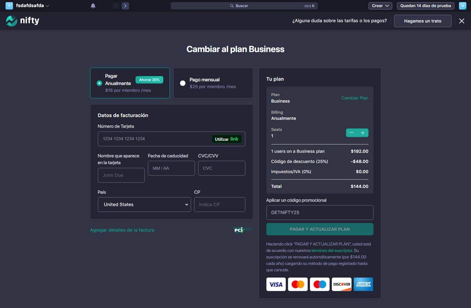 Nifty checkout page showing Nifty promo code box | Screenshot taken by SimplyCodes community member on Nov 26, 2025