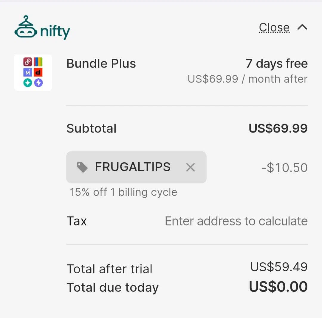 Nifty AI promo code screenshot showing code FRUGALTIPS applied at Nifty AI checkout page. Uploaded by SimplyCodes community member Celebrity on Dec 7, 2025
