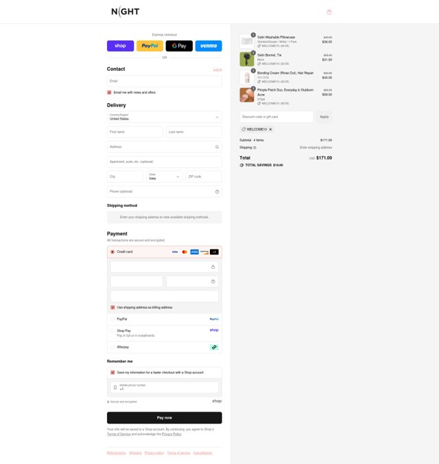 NIGHT checkout page showing NIGHT discount code box | Screenshot taken by SimplyCodes community member on Sep 4, 2025