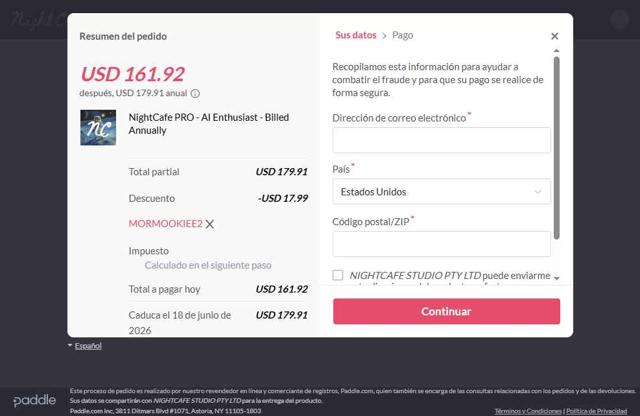 NightCafe checkout page showing NightCafe coupon code box | Screenshot taken by SimplyCodes community member on Jun 18, 2025