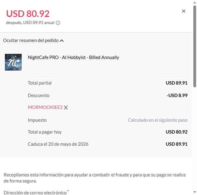 NightCafe checkout page showing NightCafe coupon code box | Screenshot taken by SimplyCodes community member on May 20, 2025