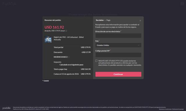 NightCafe checkout page showing NightCafe coupon code box | Screenshot taken by SimplyCodes community member on Aug 12, 2025