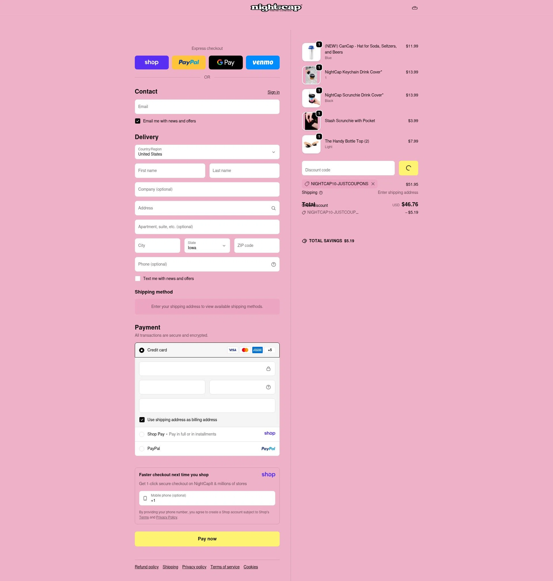 NightCap checkout page showing NightCap promo code box | Screenshot taken by SimplyCodes community member on Jan 10, 2026