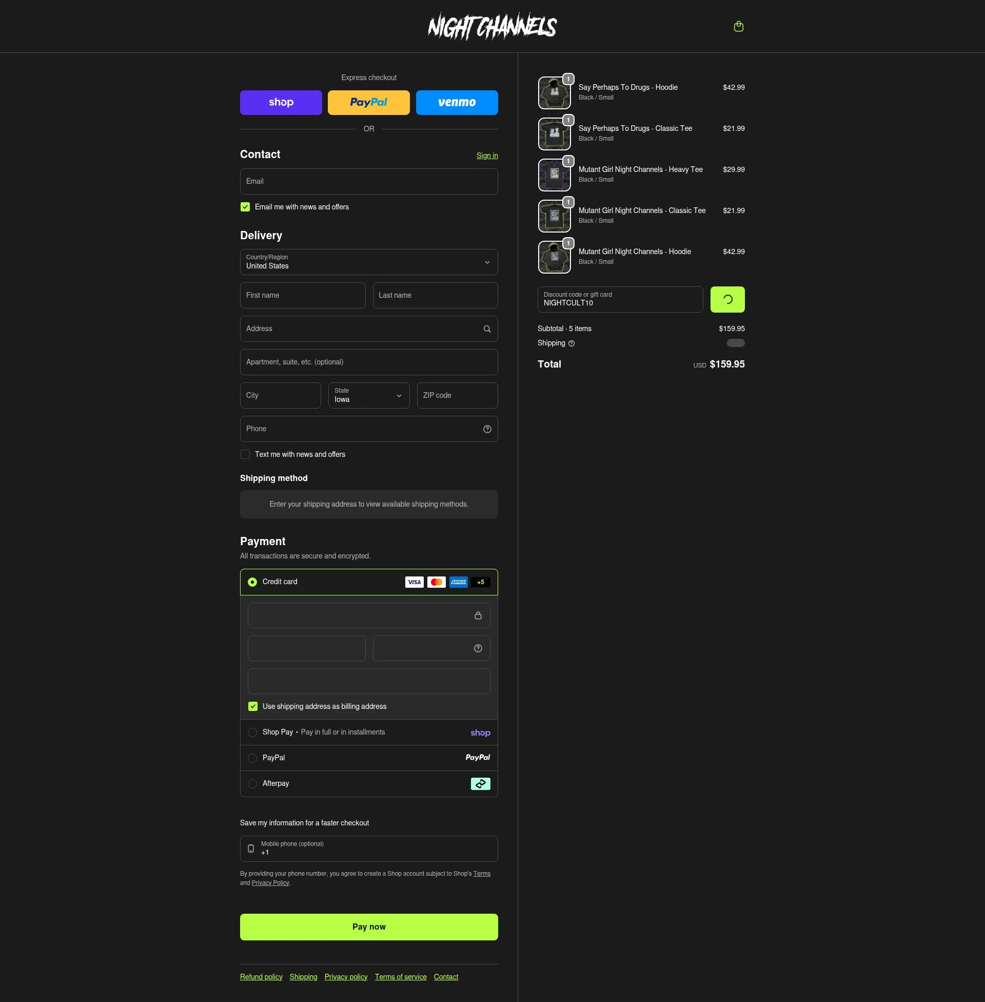 Night Channels checkout page showing Night Channels discount code box | Screenshot taken by SimplyCodes community member on Feb 11, 2026