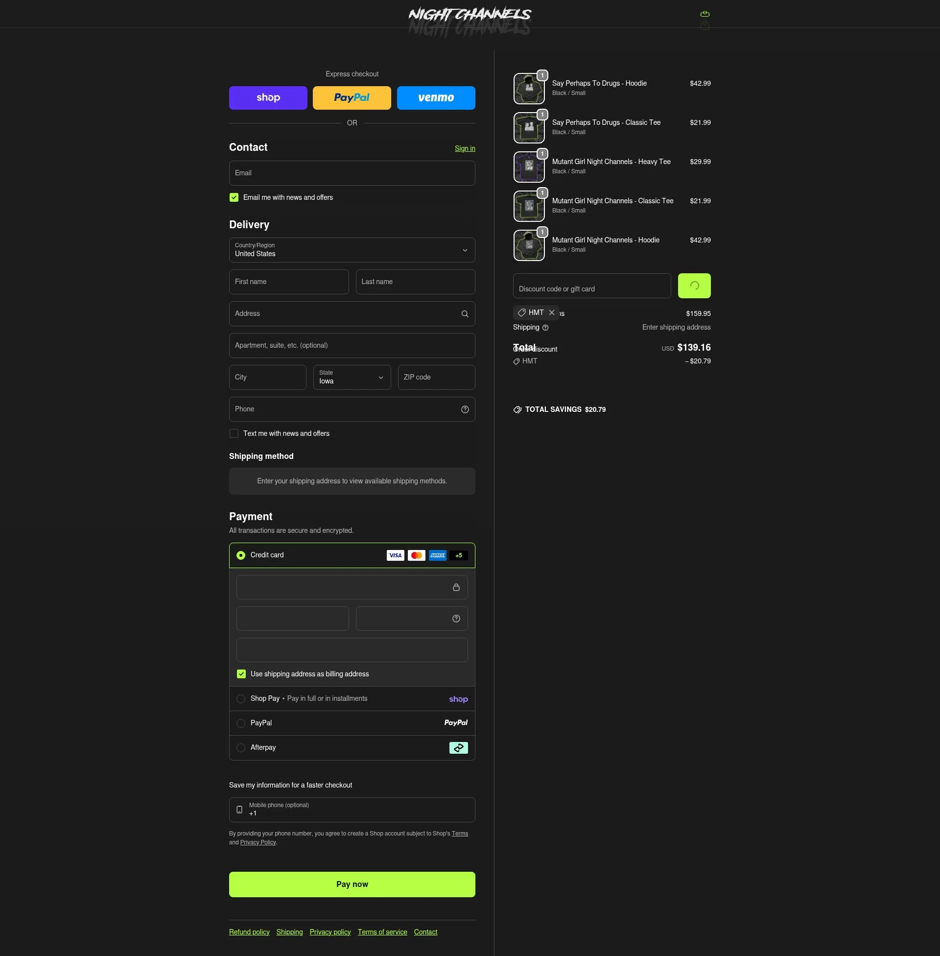 Night Channels checkout page showing Night Channels discount code box | Screenshot taken by SimplyCodes community member on Feb 11, 2026