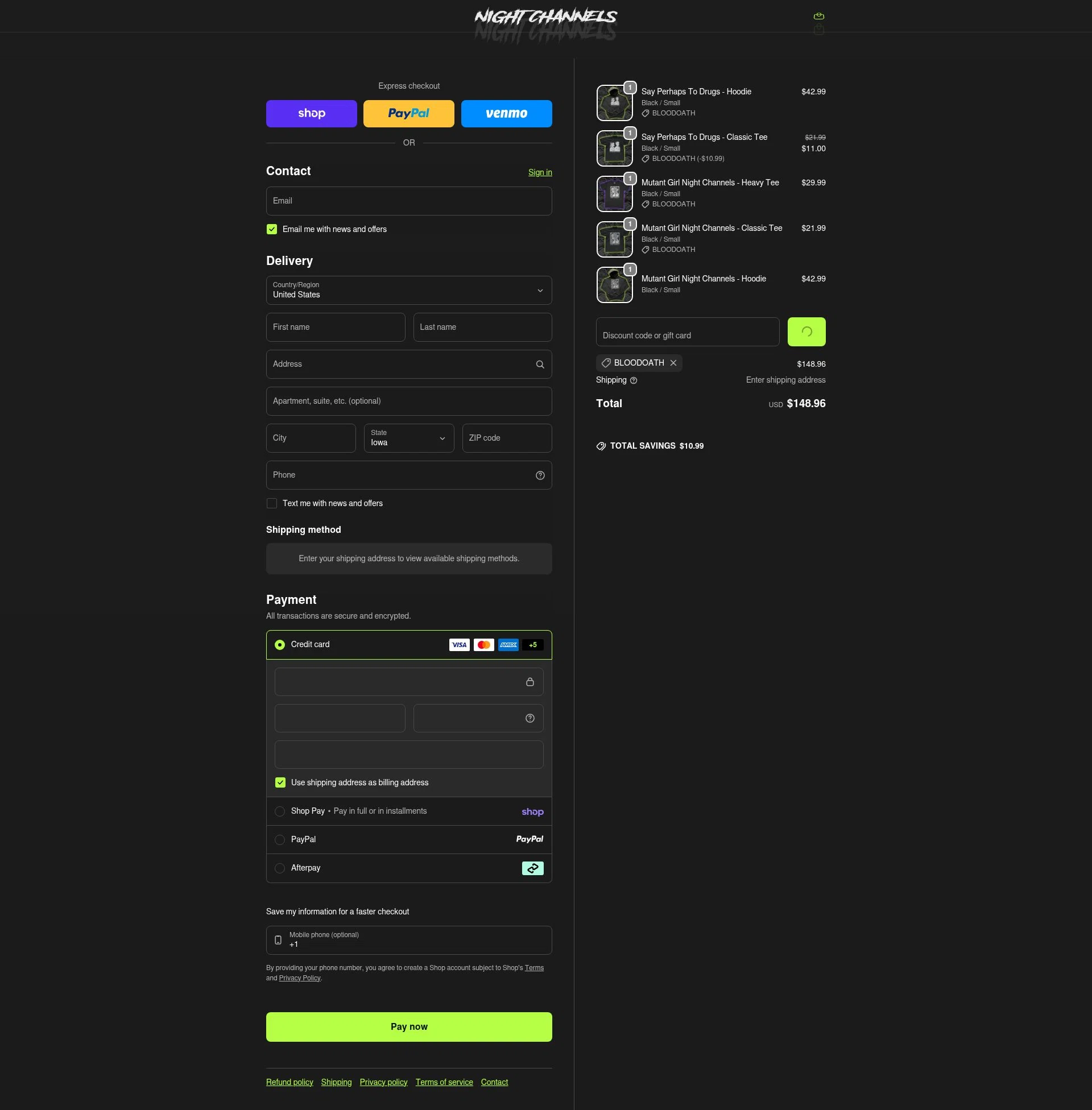 Night Channels checkout page showing Night Channels discount code box | Screenshot taken by SimplyCodes community member on Feb 11, 2026