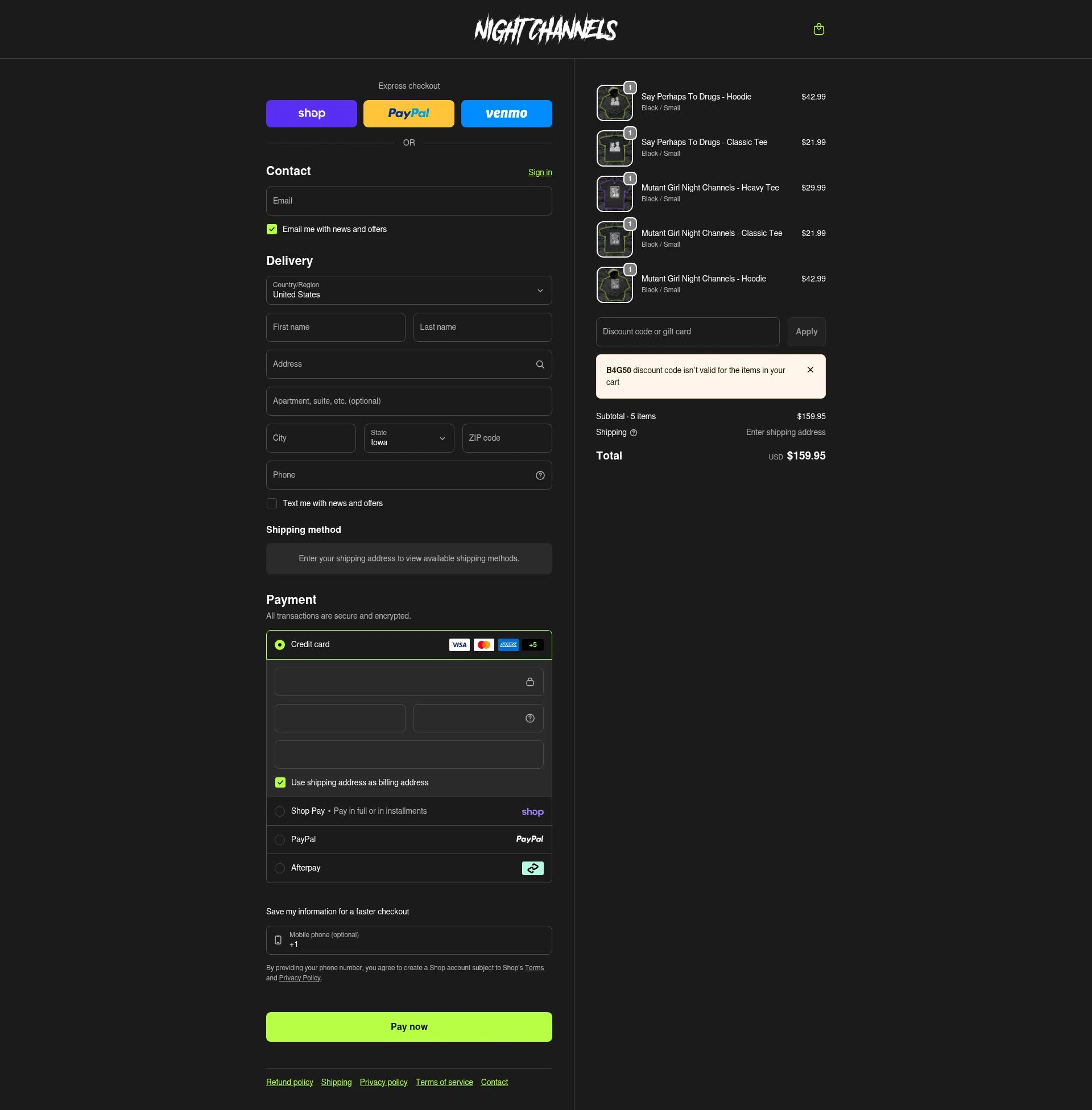 Night Channels checkout page showing Night Channels discount code box | Screenshot taken by SimplyCodes community member on Feb 11, 2026
